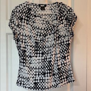 DKNY Navy Blue and White Dot-Print Cap Sleeve Blouse